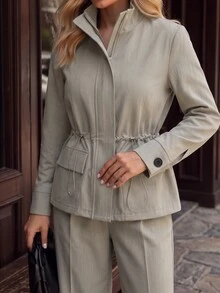 SHEIN LUNE CURVE Plus Size Women's Casual Minimalist Long Sleeve Turtleneck Jacket, Suitable For Commuting, Office, Teacher's Day, Workplace, Party, And Outing Wear - Light Grey - View 3