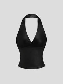 Sweetra Women's Black PU Leather Spaghetti Strap V-Neck Ruched Fitted Camisole Tank Top - Black - View 2