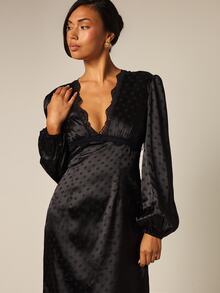 COSMINA Women's Casual Elegant Satin Black Polka Dot Lace Patchwork Dress - Black - View 4