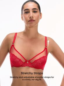 LUVLETTE Soft Woman Lingerie Sheer Full Coverage Underwire Sexy Unlined Minimizer Sequined Glam Floral  Lace Elegance & Mesh  Intimates Christmas Red Bra - Red - View 5
