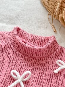SHEIN Vintaside Kids 2pcs Toddler Baby Girl Top Flared Pants Sweet Cute Pink 3D Bows Lettuce Trim Ribbed Long Sleeve Mock Neck Regular Party Fall Sweaters Holiday Knit Set - Pink - View 9