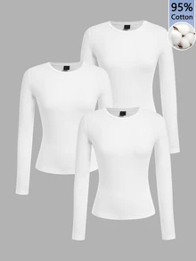 SHEIN EZwear 3件組女款素色圓領長袖休閒T恤 - 白色 - 查看 1