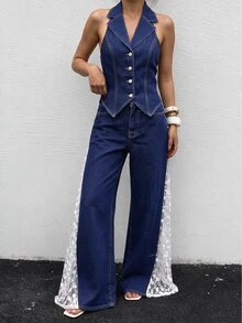 Sweetra Women's Single-Breasted Halter Neck Top And Long Pants Casual Everyday Denim Set - Blue - View 5