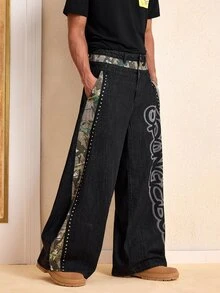 SpongeBob SquarePants | SHEIN Men's Streetwear Rivet Letter Print Loose Fit Denim Jeans - Black - View 4