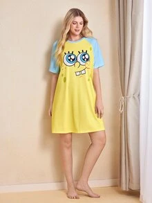 SpongeBob SquarePants | SHEIN 女款卡通圖案休閒日常居家短袖睡裙 - 黃色 - 查看 5