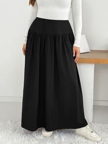 Shapeblank Plus Size Women Solid Color Pleated Casual Versatile Daily Wear Skirt - Black - View 5