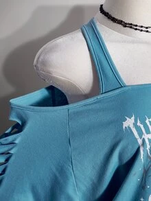 SHEIN ICON 女款大尺碼字母與骷髏圖案印花休閒日常穿搭T恤 - 藍色 - 查看 7