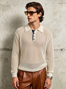 TONEVAULT European Old Money Style Hollow Out Long Sleeve Knit Polo Shirt Men Contrast Color Collar Waffle Mesh Casual Solid Color Top Autumn Summer - Apricot - View 1