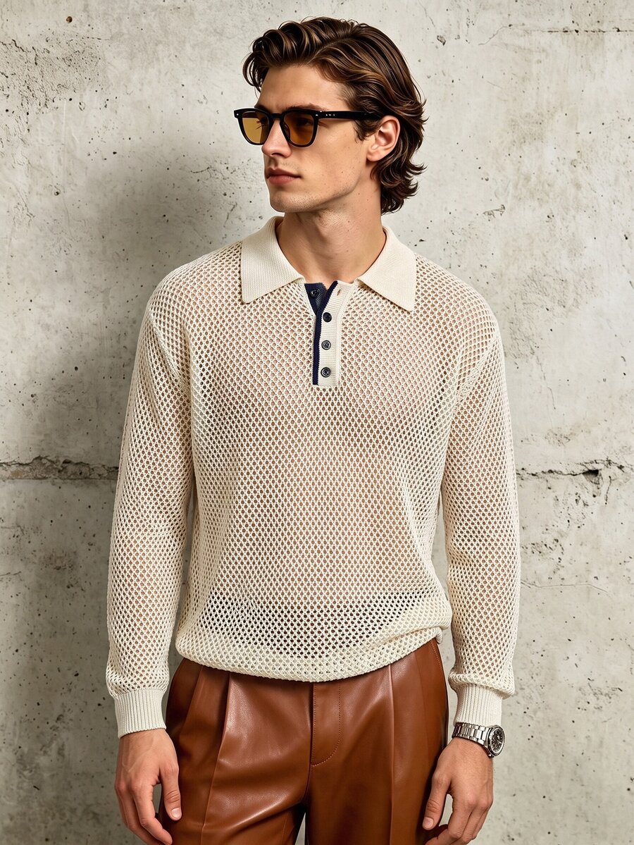 TONEVAULT European Old Money Style Hollow Out Long Sleeve Knit Polo Shirt Men Contrast Color Collar Waffle Mesh Casual Solid Color Top Autumn Summer - Apricot - View 1