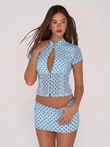 SHEIN ICON 波點網格印花鏤空前開襟上衣與緊身迷你裙女款兩件套 - 淺藍色 - 查看 5