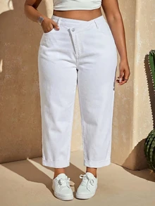Slaydiva Quần jeans ống đứng cạp thẳng màu trơn có cúc và túi cho người size lớn - trắng - Xem 1