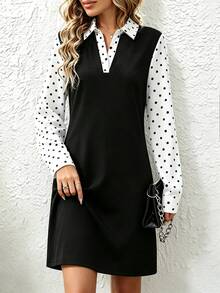 INAWLY 女款拼色波點長袖 Polo 領休閒日常洋裝 - 彩色 - 查看 1