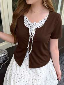 Bijouette Zanying Cherry Blossom Season Plus Size Brown Tone Minimalist Kawaii Casual Sexy 2 In 1 Top Contrast Color Frill Trim Patchwork Polka Dot Inner Design - Brown - View 6