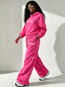 SHEIN Core Rhythm Women's Letter Pattern Hooded Long Sleeve Sweatshirt & Sweatpants Casual Daily Sports Set - Rose Red - View 6