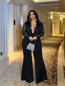 NU&NOW Plus Size Women's Lace Patchwork Bell Sleeve Jumpsuit With Deep V Lace Neckline, Suitable For Casual, Party, Evening, And Other Occasions To Showcase Charm - Black - View 6