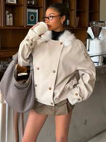Muchica A Women's Long-Sleeved, Double-Breasted Winter Trench Coat Suitable For The Workplace, Featuring Button Closures And A Faux-Fur Collar. - Khaki - View 3