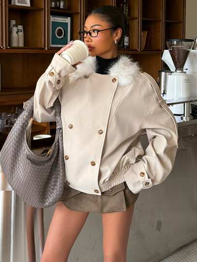 Muchica A Women's Long-Sleeved, Double-Breasted Winter Trench Coat Suitable For The Workplace, Featuring Button Closures And A Faux-Fur Collar.