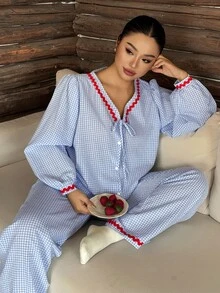 Dazy Plus Contrast Trim Cardigan Long Sleeve Top & Straight Leg Long Pajama Pants 2pcs Set Sleepwear Outfit - Baby Blue - View 4