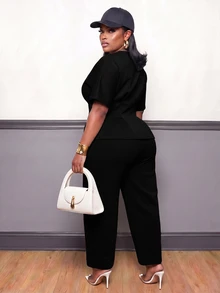 Slaydiva Plus Size 2 Pieces Outfits, Grey Zip Waist Crop Top & Harem Pants Matching Set - Black - View 2