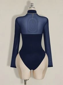 SHEIN ICON Plus Size Mesh Patchwork Y2K Sexy Bodysuit - Navy Blue - View 10