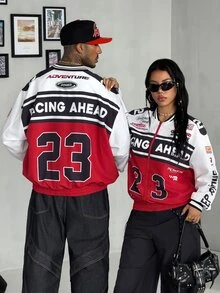 Coolane 女款與男款秋冬街頭風休閒運動賽車手出門穿搭圖案拉鍊式寬鬆長袖棒球衫賽車夾克 - 彩色 - 查看 2
