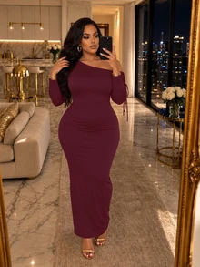Poshavie Poshavie Plus Size Women's Minimalist Elegant Long Dress, Fashionable Asymmetrical Shoulder Ruched Design Elastic Fitted Dress, Slimming Versatile, Suitable For Daily Wear And Parties - Burgundy - View 3