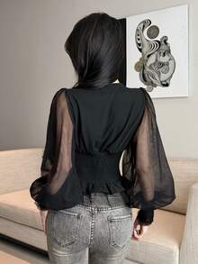 Joudiya Solid Plunging Neck Lantern Sleeve Shirred Waist Ruffle Hem Tee - Black - View 3