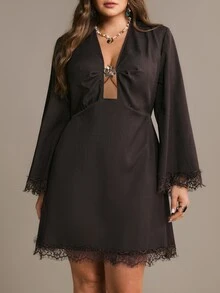 Freevana V-Neck Mini Dress With Lace Hem Bell Sleeves, Decorative Front Accent BohoWestern Chic Fall - Coffee Brown - View 1