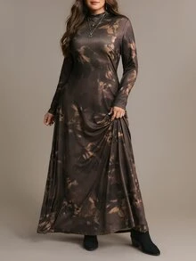Freevana 大尺碼女款花卉印花半高領收腰顯瘦修身長袖洋裝 - 棕色 - 查看 5
