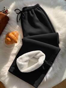 SHEIN EZwear 女款棉混紡秋冬抓絨內裡極簡前綁帶寬鬆運動長褲，休閒日常穿搭，適合返校季、秋冬風格，適用日常通勤、約會、聚會、秋冬、夏季、派對、婚禮、海灘、畢業典禮等場合，優雅休閒，適合出遊、Y2K風格、音樂節及其他活動、萬聖節 - 黑色 - 查看 3