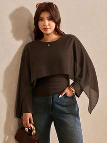 Elaquor Plus Size Round Neck Transparent Bell Sleeve Women's Top Fall/Winter Casual Elegant Office Business Work Top For Women Going Out Casual Top Women Fall - Coffee Brown - View 5