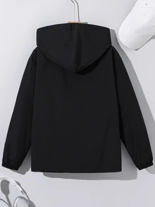 SHEIN 青少年男孩休閒黑色連帽開襟外套，小字母印花設計，適合秋冬返校季穿著 - 黑色 - 查看 4