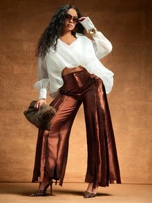 Vixey Structural Satin Wide Leg Trousers, Elegant Party, Dinner Date, Statement Pants, Holiday, Event Dressing - Brown - View 2