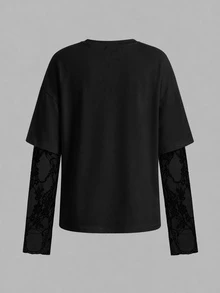 SHEIN 青少年女孩純色對比蕾絲 2 合 1 長袖 T 恤 - 黑色 - 查看 5