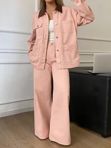 DAZY Setelan Denim Kasual Wanita Warna Pink dengan Kerah Kontras, Model Single-Breasted, dan Celana Panjang. - Berwarna merah muda - View 4