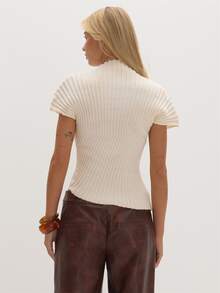 MUSEYN Cream Ribbed Knit High Neck Asymmetric Top Timeless Date Night New Season Fall - Apricot - View 4