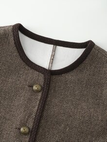LUMIGAL Mantel Kancing dengan Trim Kontras Kasual untuk Komuter Wanita, Musim Gugur/Dingin - Coffee Brown - View 5