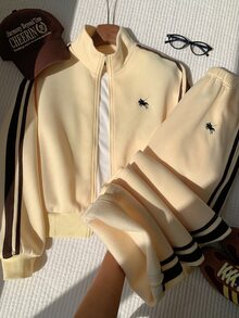 Comfortcana Women's Streetwear Embroidered Zip-Up Jacket & Striped Colorblock Pants 2pcs Set - Light Yellow - View 6