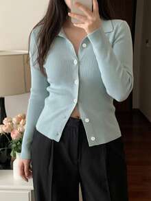 Dazy Plus Solid Color Slim Fit Polo Collar Long Sleeve Casual Streetwear Baggy Vacation Spring Autumn Knit Cardigan Office Sage Green - Baby Blue - View 8