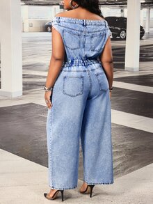 Slaydiva Summer New Off-Shoulder Loose Plus Size Denim Jumpsuit - Blue - View 2