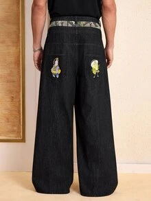 SpongeBob SquarePants | SHEIN Men's Streetwear Rivet Letter Print Loose Fit Denim Jeans - Black - View 2