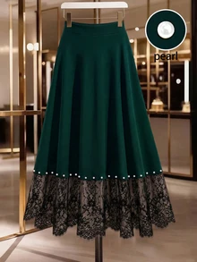 GlowEve CURVE Plus Size Black Pearl & Contrast Lace A-Line Skirt - Green - View 3