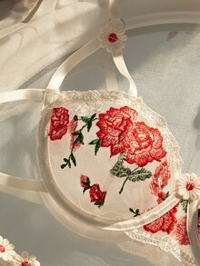 Crystal Vow Women's Gorgeous Embroidered Sexy Bra And Panty Lingerie Set - Red and White - View 3