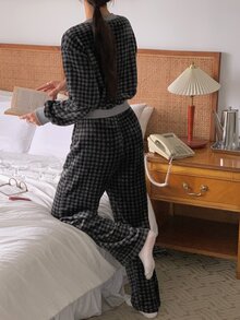 DAZY Women's Plaid Long Sleeve Top And Pants Casual Daily Home Pajama Set - Blue - View 2