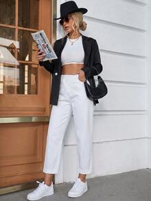 Slaydiva Quần jeans ống đứng cạp thẳng màu trơn có cúc và túi cho người size lớn - trắng - Xem 10