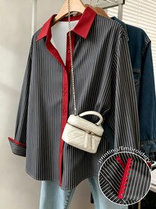 Resyla 女款條紋對比飾邊單排扣休閒日常百搭時尚長袖襯衫 - 彩色 - 查看 1