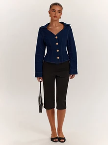SHEIN BAE Women's Sexy V-Neck Metal Buckle Denim Jacket - Blue - View 5