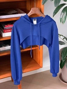 SHEIN EZwear 抽繩設計超短版連帽衛衣－黑白配色，秋冬長袖上衣 - 寶藍色 - 查看 6