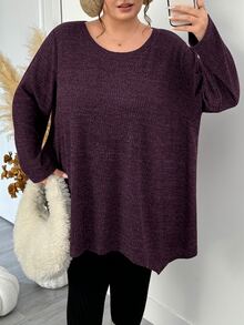 SHEIN CURVE+ 大尺碼女款休閒羅紋長袖T恤，秋冬紫色不對稱下擺，適合5XL-8XL尺寸 - 紫色 - 查看 7