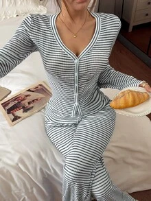 Napfluff Autumn/Winter Women's Loungewear Set, Comfortable Striped Print Cardigan Set - White - View 4